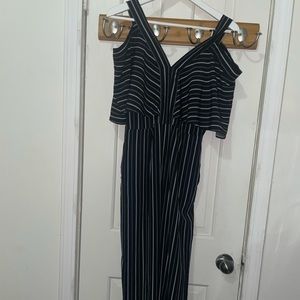Dark Blue Striped Cold Shoulder Jumpsuit Pants